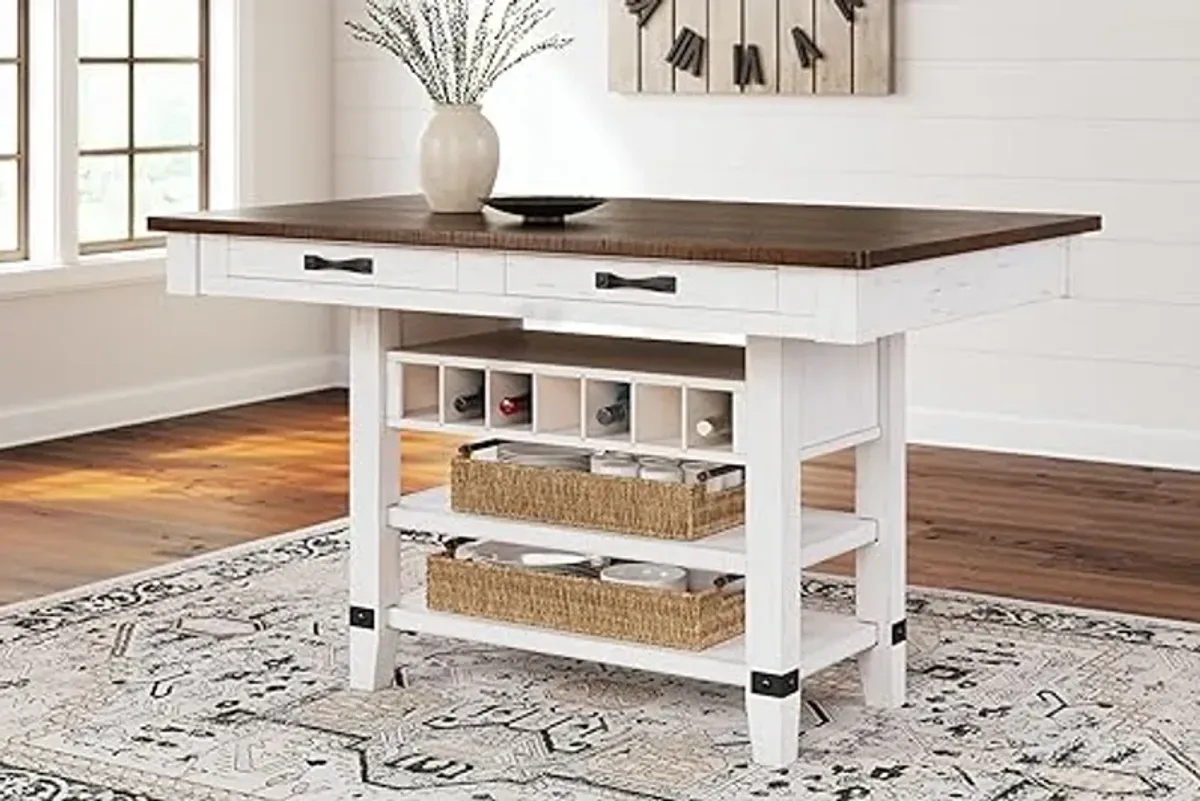 Signature Design by Ashley Valebeck Rustic Counter Height Dining Table with 4 Drawers, 2 Open Shelves and 7-bottle Wine Rack, White & Dark Brown