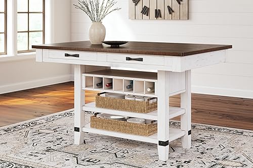 Signature Design by Ashley Valebeck Rustic Counter Height Dining Table with 4 Drawers, 2 Open Shelves and 7-bottle Wine Rack, White & Dark Brown