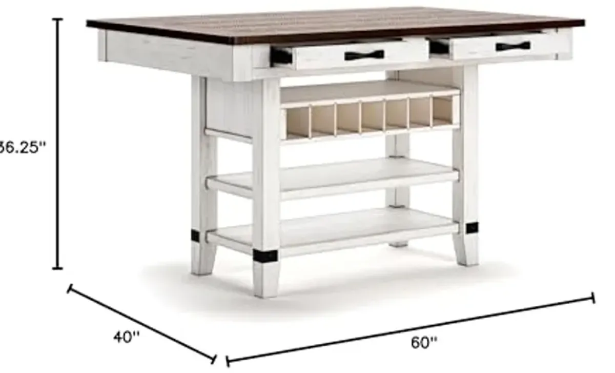 Signature Design by Ashley Valebeck Rustic Counter Height Dining Table with 4 Drawers, 2 Open Shelves and 7-bottle Wine Rack, White & Dark Brown