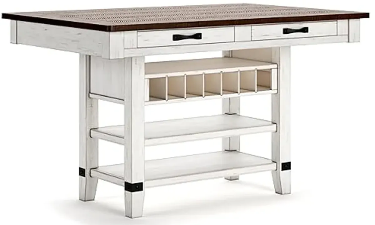 Signature Design by Ashley Valebeck Rustic Counter Height Dining Table with 4 Drawers, 2 Open Shelves and 7-bottle Wine Rack, White & Dark Brown