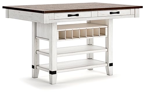 Signature Design by Ashley Valebeck Rustic Counter Height Dining Table with 4 Drawers, 2 Open Shelves and 7-bottle Wine Rack, White & Dark Brown