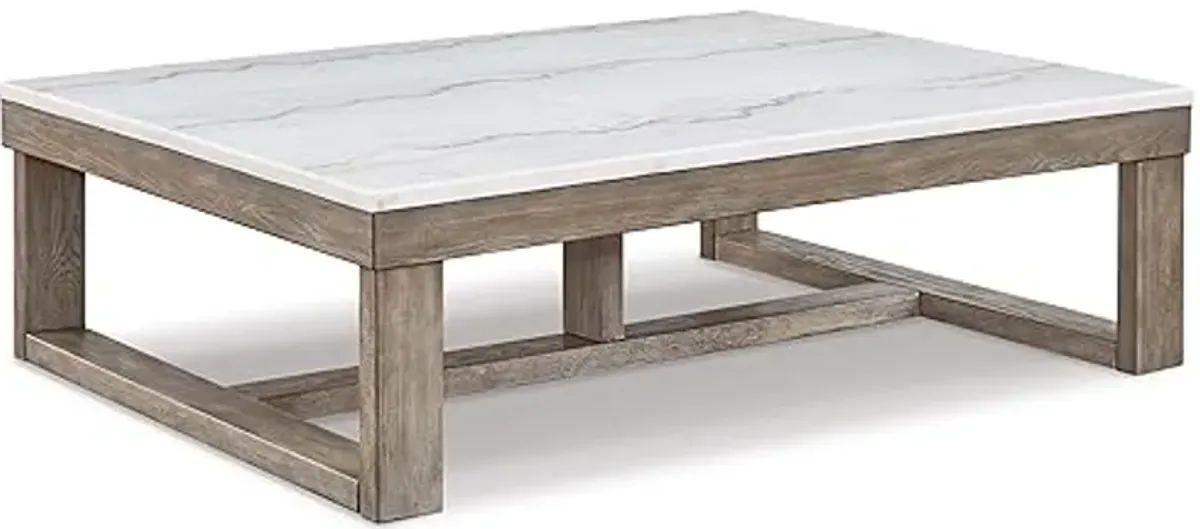 Signature Design by Ashley Loyaska Casual Cocktail Table with Natural Marble Top, White & Light Gray