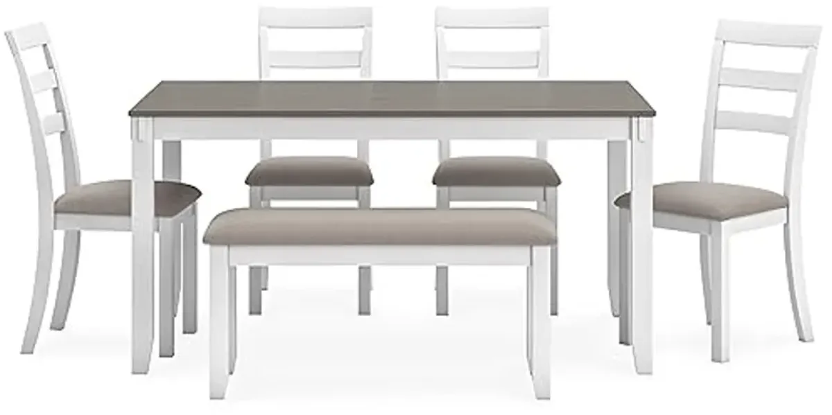 Signature Design by Ashley Stonehollow Modern Farmhouse Dining Table with Upholstered Chairs and Bench, Set of 6, White & Gray