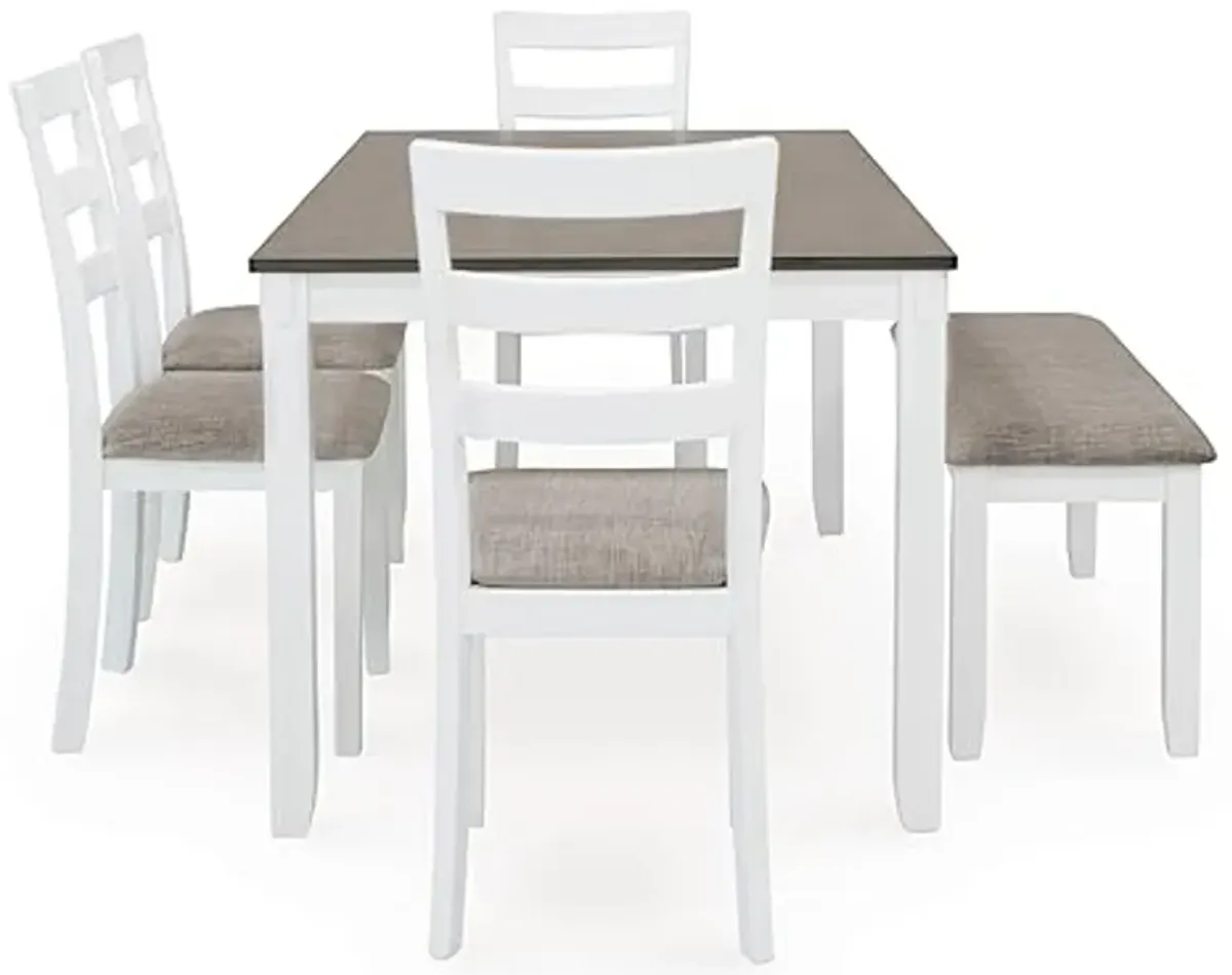 Signature Design by Ashley Stonehollow Modern Farmhouse Dining Table with Upholstered Chairs and Bench, Set of 6, White & Gray