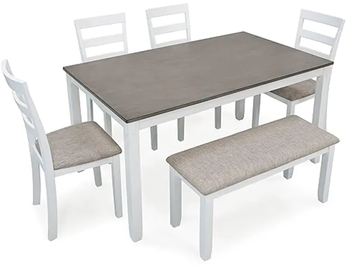 Signature Design by Ashley Stonehollow Modern Farmhouse Dining Table with Upholstered Chairs and Bench, Set of 6, White & Gray