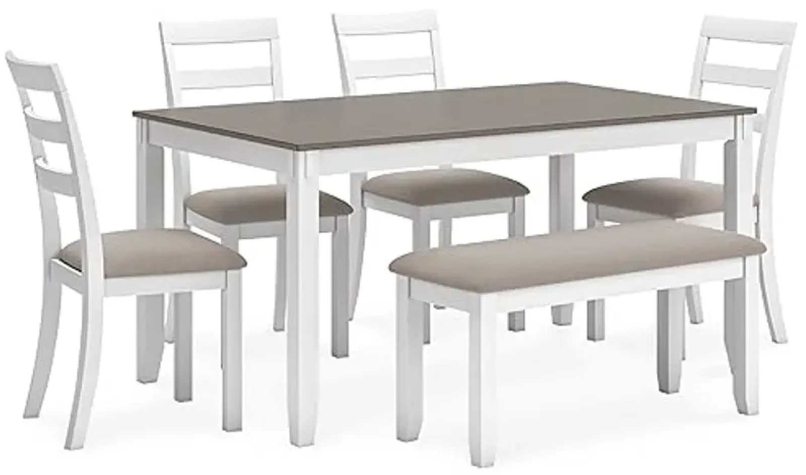 Signature Design by Ashley Stonehollow Modern Farmhouse Dining Table with Upholstered Chairs and Bench, Set of 6, White & Gray