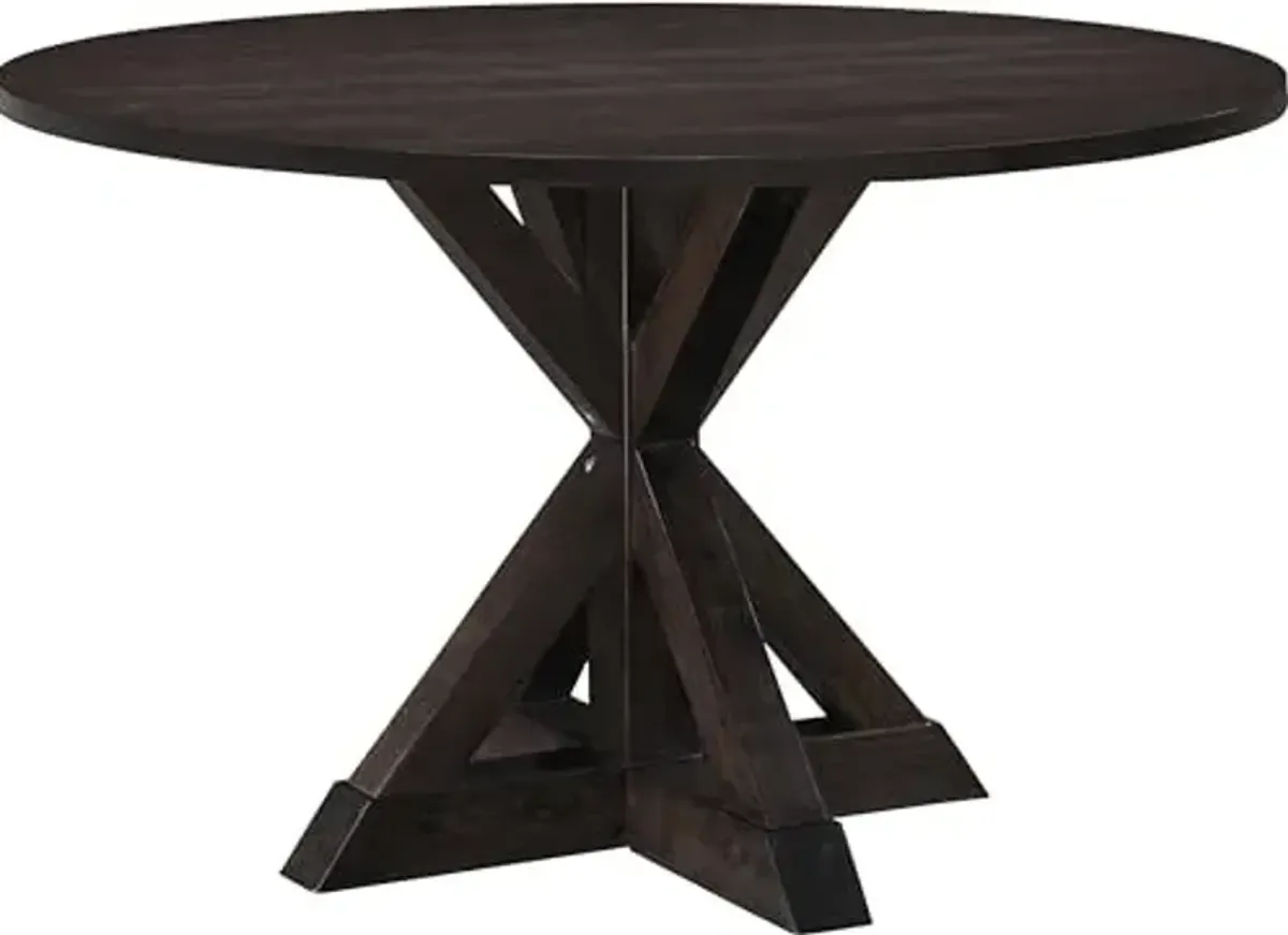 Serta Alfred Round Solid Wood Rustic Dining Table for Farmhouse Kitchen Room Decor, Wooden Trestle Pedestal Base, 46.5" Wide Circular Tabletop, Distressed Dark Brown