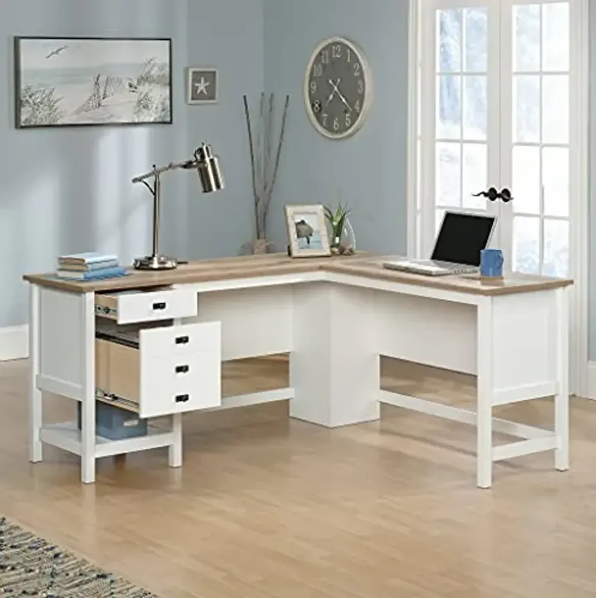 Sauder Cottage Road L-Desk and Sauder August Hill Lateral File, Soft White Finish