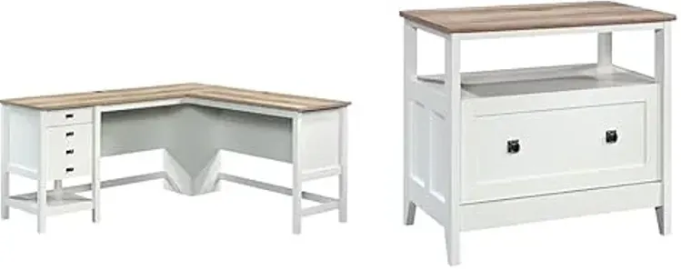 Sauder Cottage Road L-Desk and Sauder August Hill Lateral File, Soft White Finish