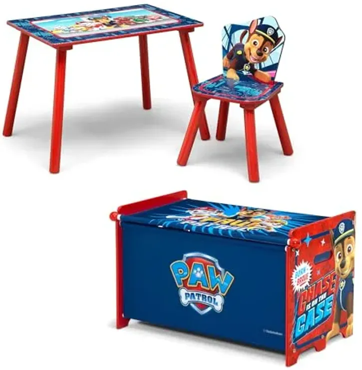 Delta Children PAW Patrol 3-Piece Toddler Playroom Set – Includes Table, Chair and Toy Box, Blue