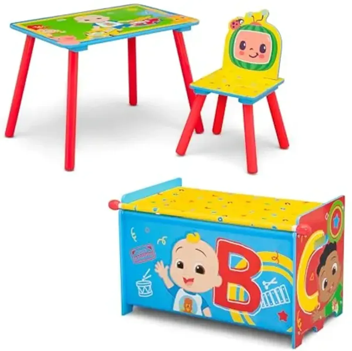 Delta Children CoComelon 3-Piece Toddler Playroom Set – Includes Table, Chair and Toy Box, Green