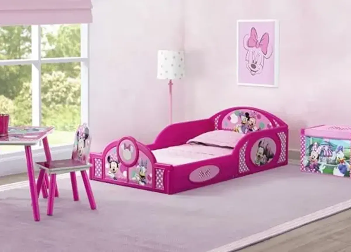 Delta Children Disney Minnie Mouse 4-Piece Toddler Room-in-a-Box Set – Includes Sleep and Play Toddler Bed, Table, 1 Chair and Toy Box, Pink