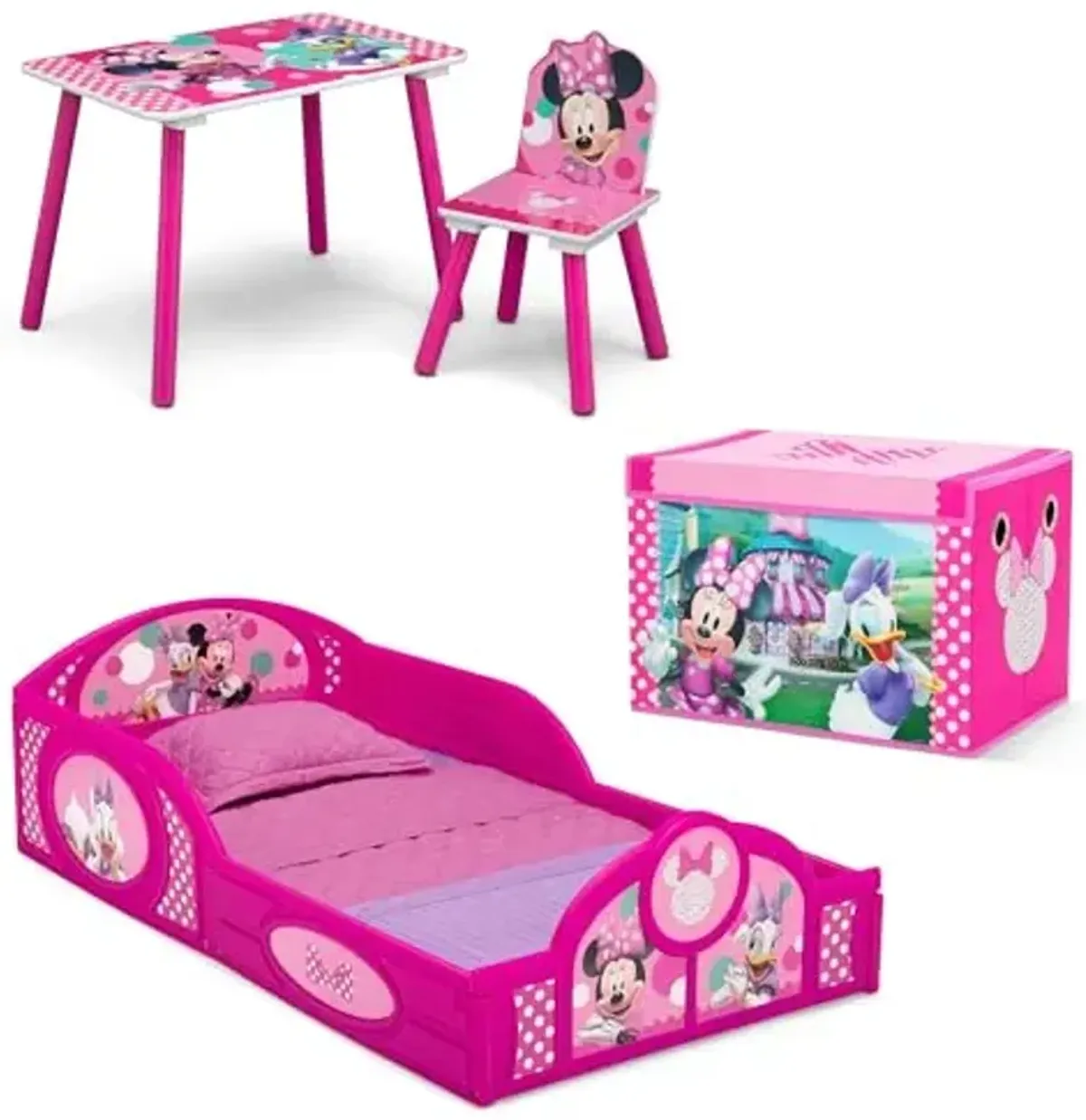 Delta Children Disney Minnie Mouse 4-Piece Toddler Room-in-a-Box Set – Includes Sleep and Play Toddler Bed, Table, 1 Chair and Toy Box, Pink