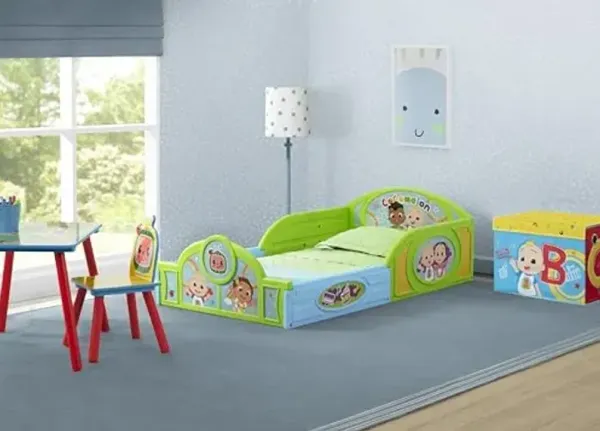 Delta Children - CoComelon 4-Piece Toddler Room-in-a-Box Set – Includes Sleep and Play Toddler Bed, Table, 1 Chair and Fabric Toy Box, Green