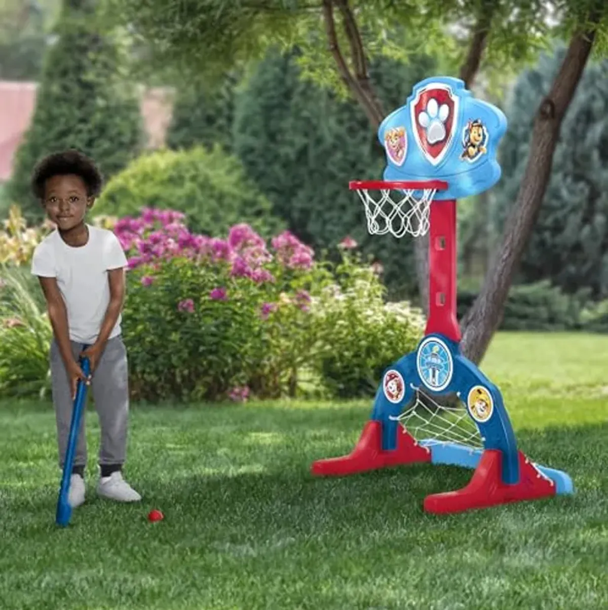 Delta Children PAW Patrol 4-in-1 Sports Center – Adjustable Easy Score Basketball Hoop, Soccer/Hockey Net and Golf Game, Blue