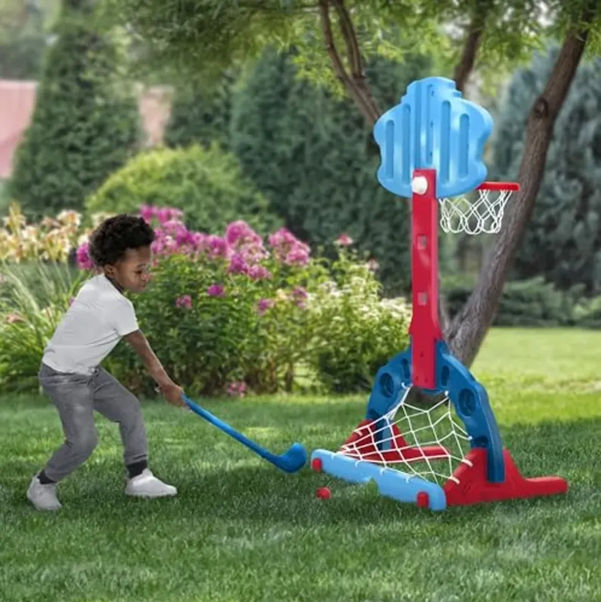 Delta Children PAW Patrol 4-in-1 Sports Center – Adjustable Easy Score Basketball Hoop, Soccer/Hockey Net and Golf Game, Blue