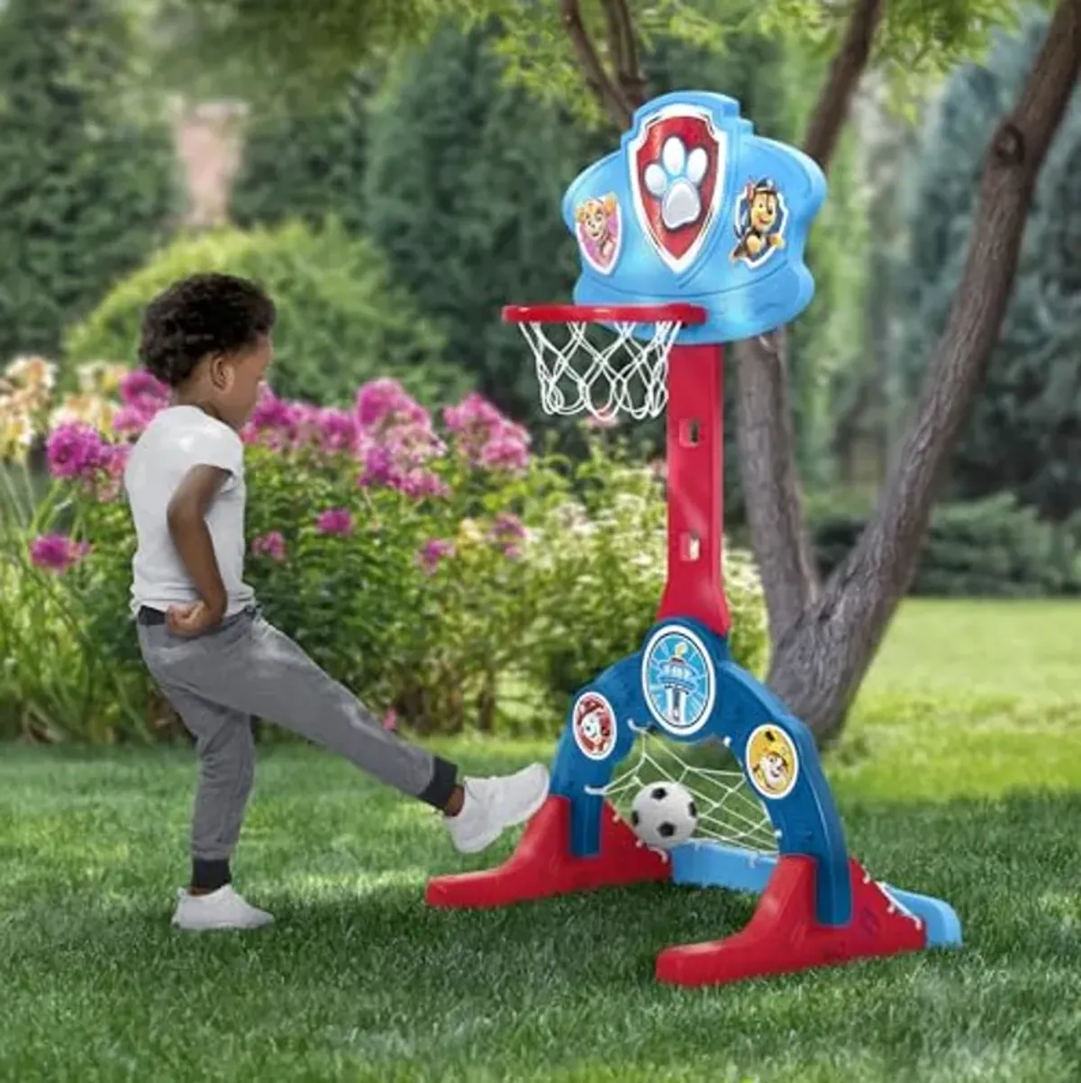 Delta Children PAW Patrol 4-in-1 Sports Center – Adjustable Easy Score Basketball Hoop, Soccer/Hockey Net and Golf Game, Blue