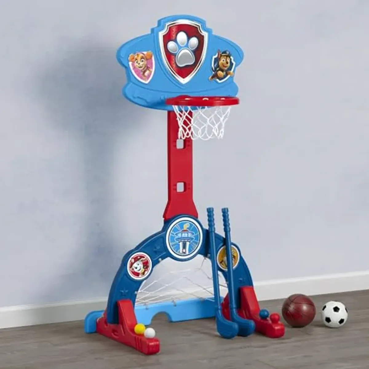 Delta Children PAW Patrol 4-in-1 Sports Center – Adjustable Easy Score Basketball Hoop, Soccer/Hockey Net and Golf Game, Blue