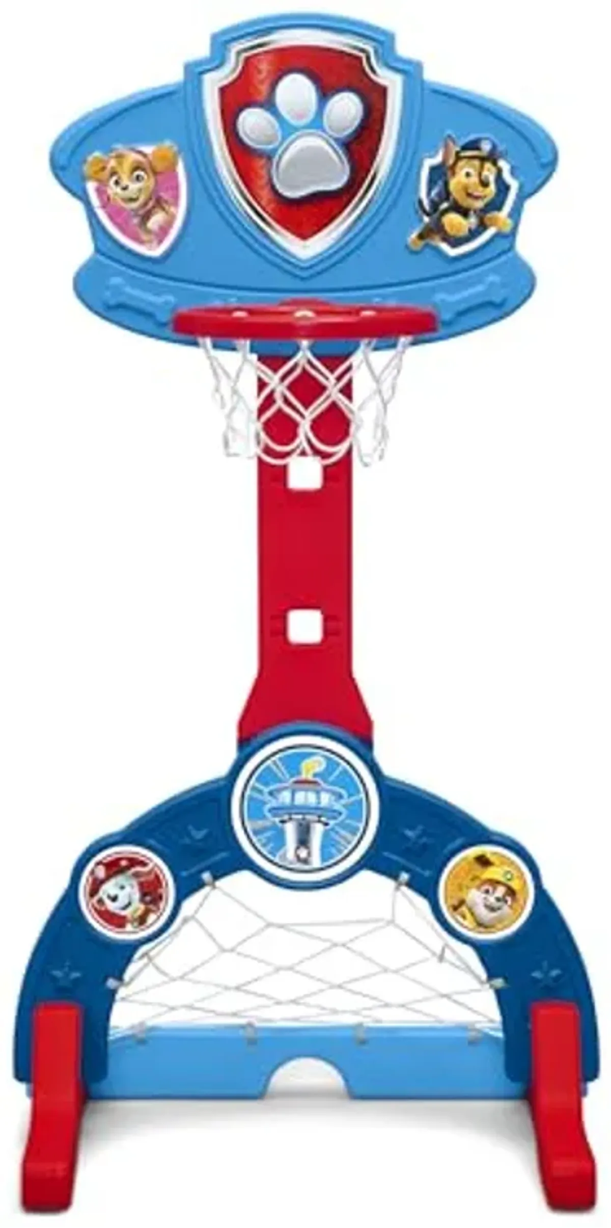 Delta Children PAW Patrol 4-in-1 Sports Center – Adjustable Easy Score Basketball Hoop, Soccer/Hockey Net and Golf Game, Blue