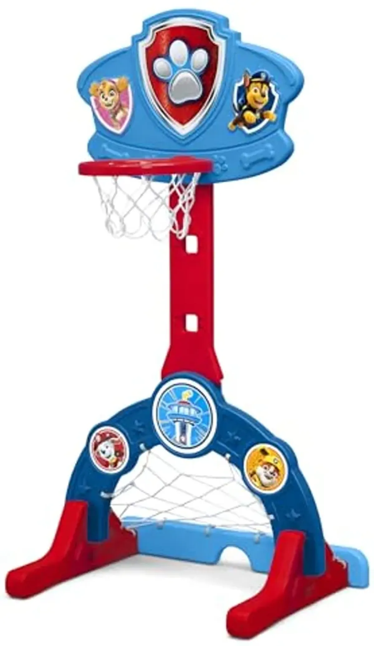 Delta Children PAW Patrol 4-in-1 Sports Center – Adjustable Easy Score Basketball Hoop, Soccer/Hockey Net and Golf Game, Blue