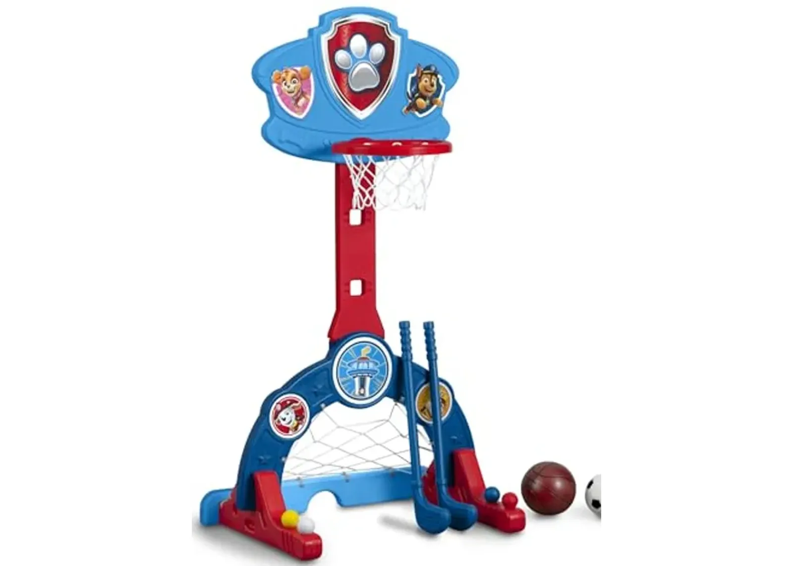 Delta Children PAW Patrol 4-in-1 Sports Center – Adjustable Easy Score Basketball Hoop, Soccer/Hockey Net and Golf Game, Blue