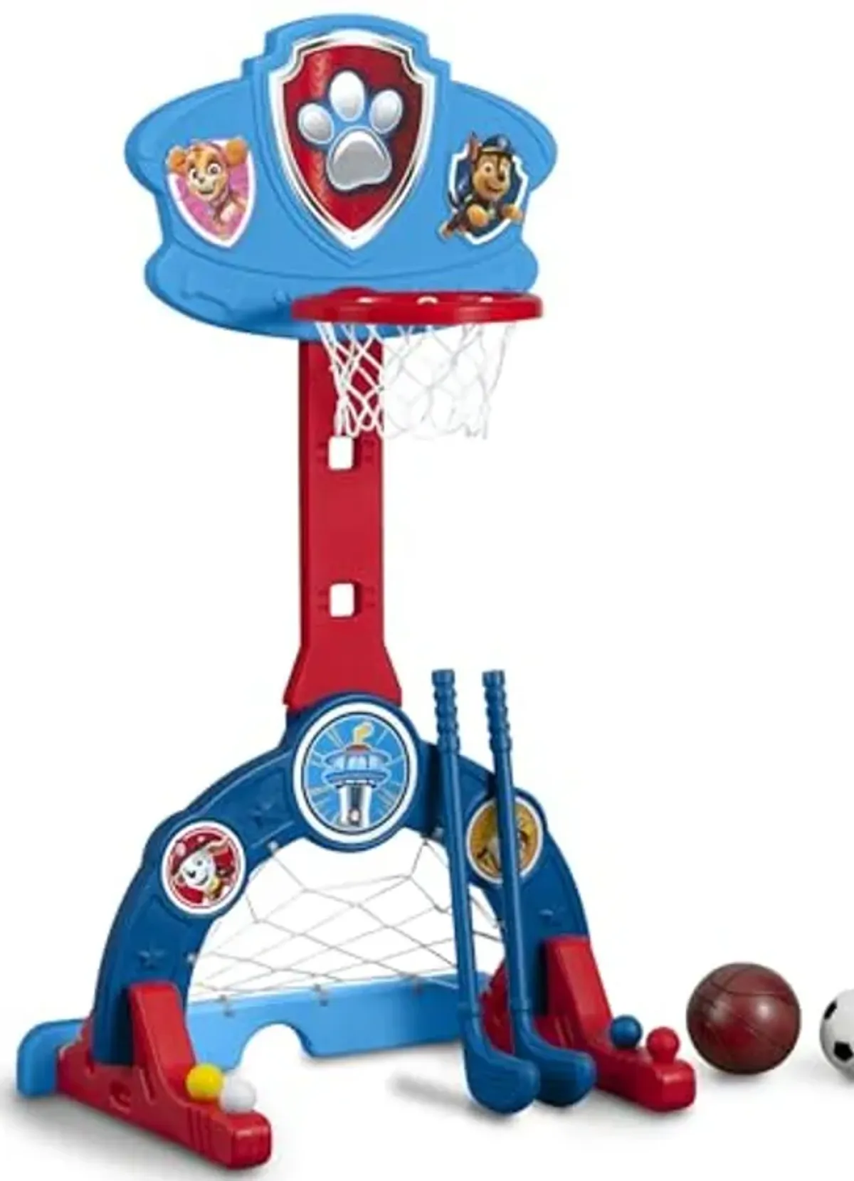 Delta Children PAW Patrol 4-in-1 Sports Center – Adjustable Easy Score Basketball Hoop, Soccer/Hockey Net and Golf Game, Blue