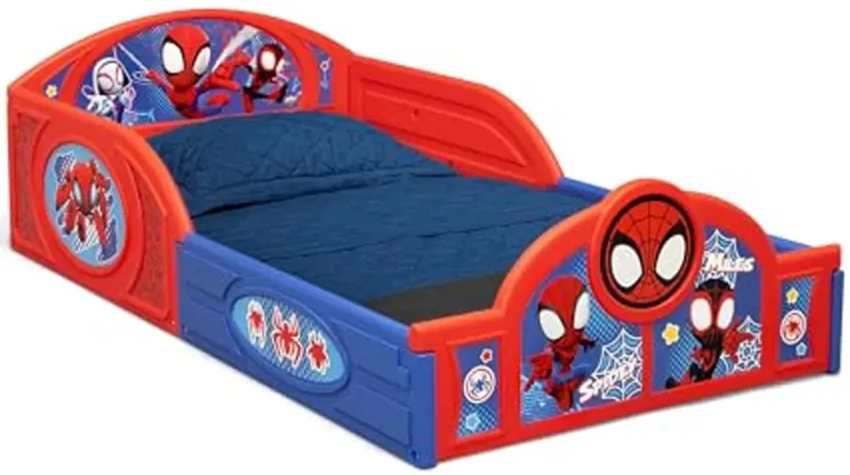 Delta Children - Marvel Spidey and His Amazing Friends 4-Piece Toddler Room-in-a-Box Set – Includes Sleep and Play Toddler Bed, Table, 1 Chair and Toy Box, Blue/Red