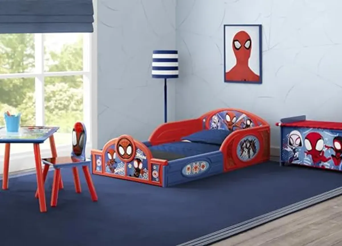 Delta Children - Marvel Spidey and His Amazing Friends 4-Piece Toddler Room-in-a-Box Set – Includes Sleep and Play Toddler Bed, Table, 1 Chair and Toy Box, Blue/Red