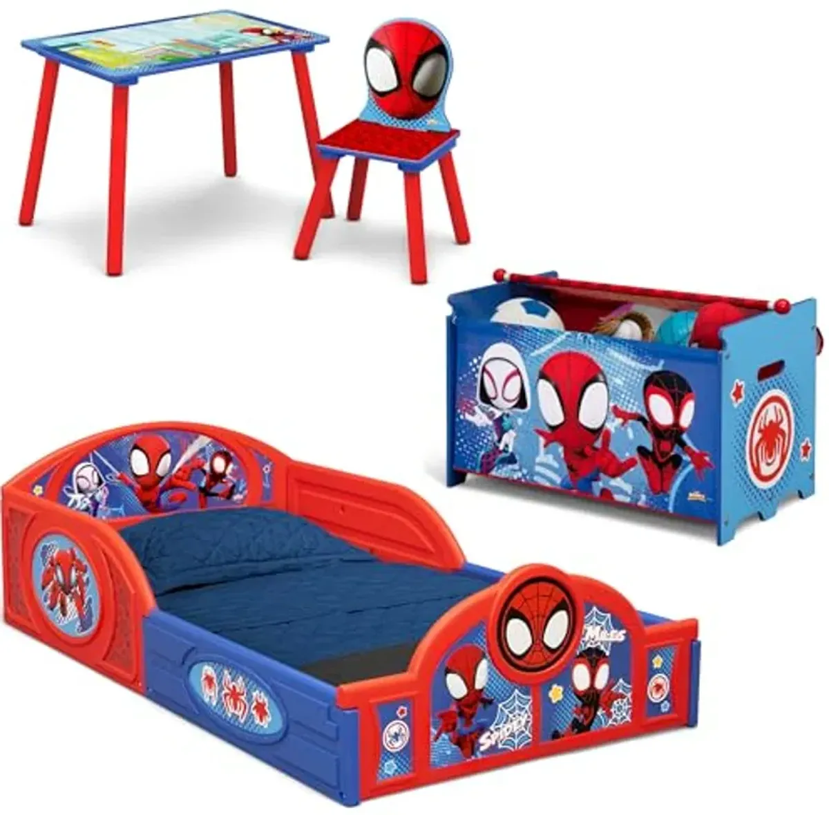 Delta Children - Marvel Spidey and His Amazing Friends 4-Piece Toddler Room-in-a-Box Set – Includes Sleep and Play Toddler Bed, Table, 1 Chair and Toy Box, Blue/Red