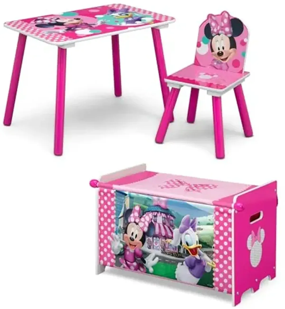 Delta Children Disney Minnie Mouse 3-Piece Toddler Playroom Set– Includes Table, Chair and Toy Box, Pink