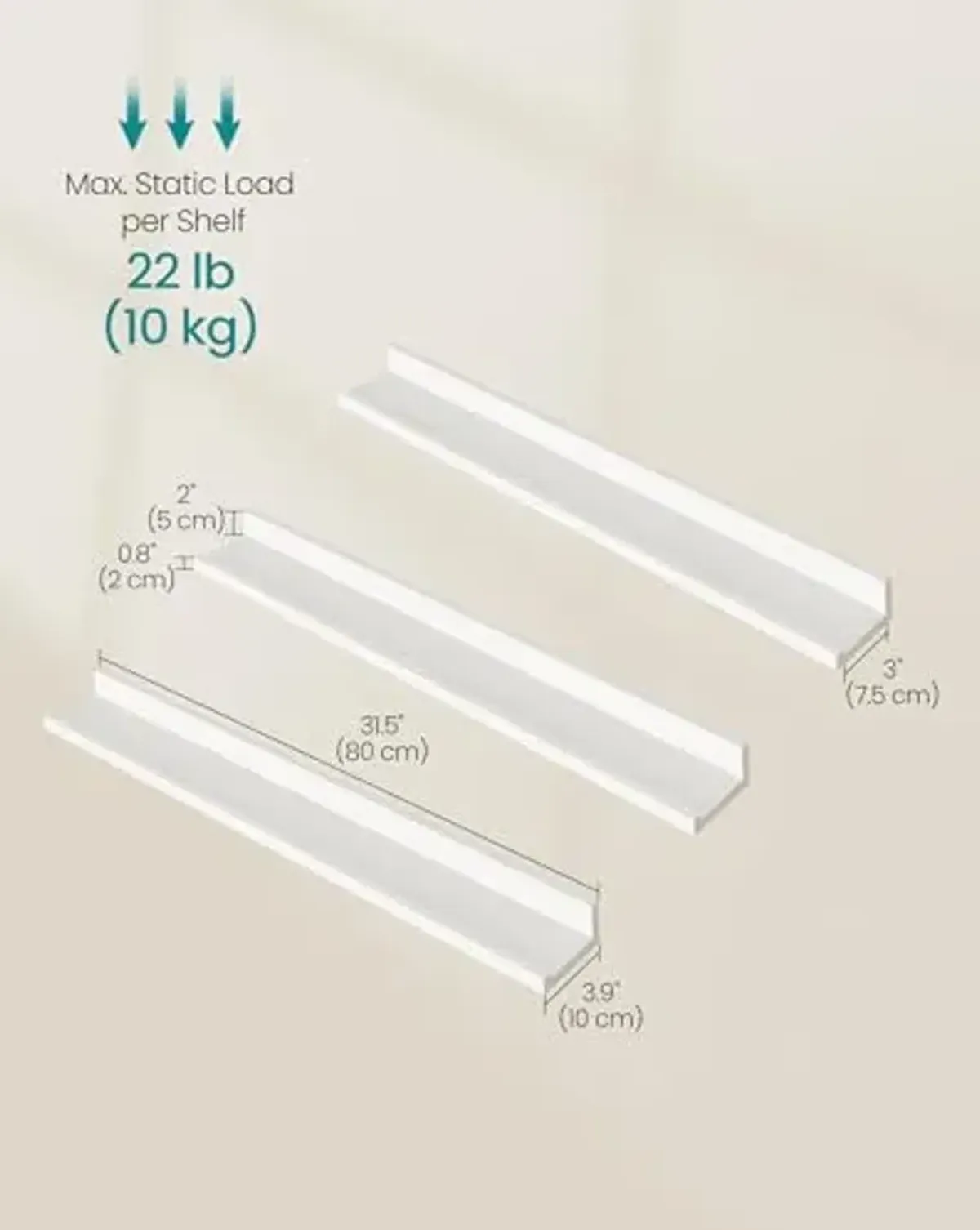 SONGMICS Floating Shelves, Set of 3 Wall Shelves, 31.5-Inch Wide, for Photo Frames and Trinkets, for Living Room, Home Office, Kitchen, Bathroom, White ULWS081W01