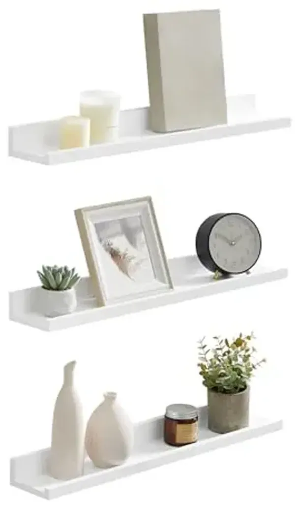 SONGMICS Floating Shelves, Set of 3 Wall Shelves, 31.5-Inch Wide, for Photo Frames and Trinkets, for Living Room, Home Office, Kitchen, Bathroom, White ULWS081W01