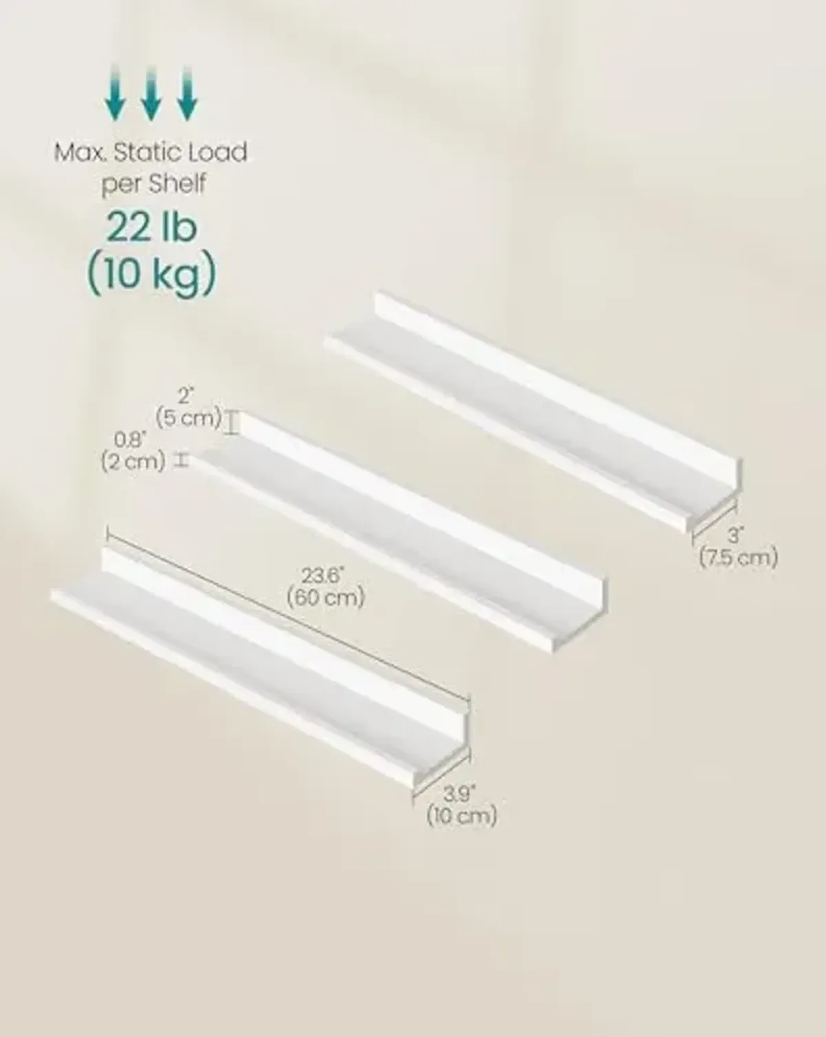 SONGMICS Floating Shelves, Set of 3 Wall Shelves, 23.6-Inch Wide, for Photo Frames and Trinkets, for Living Room, Home Office, Kitchen, Bathroom, White ULWS061W01