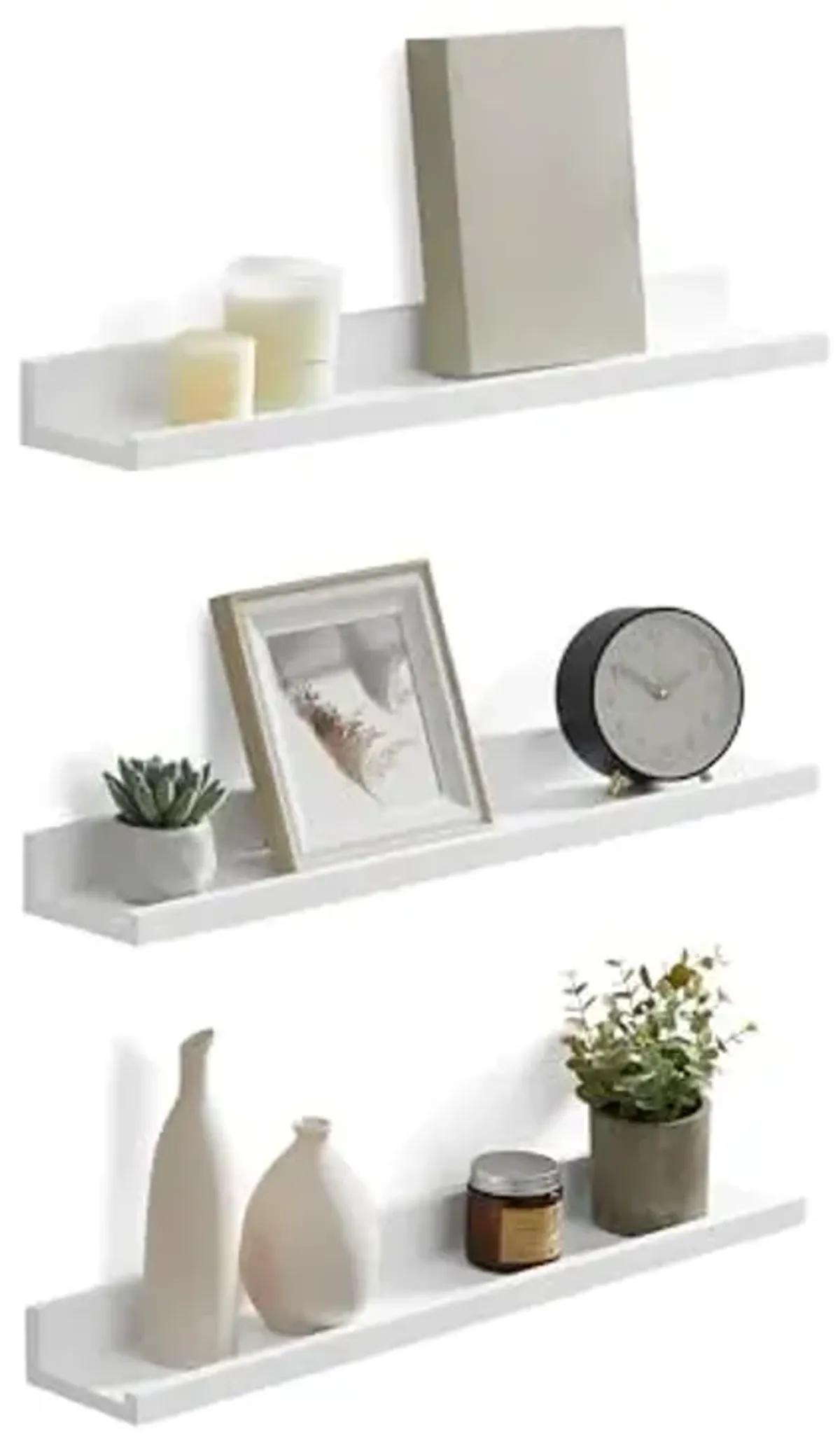 SONGMICS Floating Shelves, Set of 3 Wall Shelves, 23.6-Inch Wide, for Photo Frames and Trinkets, for Living Room, Home Office, Kitchen, Bathroom, White ULWS061W01