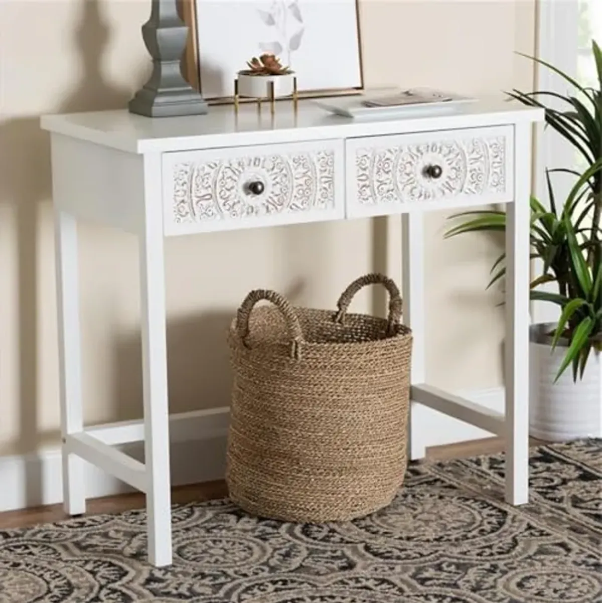 Baxton Studio Yelena Classic and Traditional White Finished Wood 2-Drawer Console Table