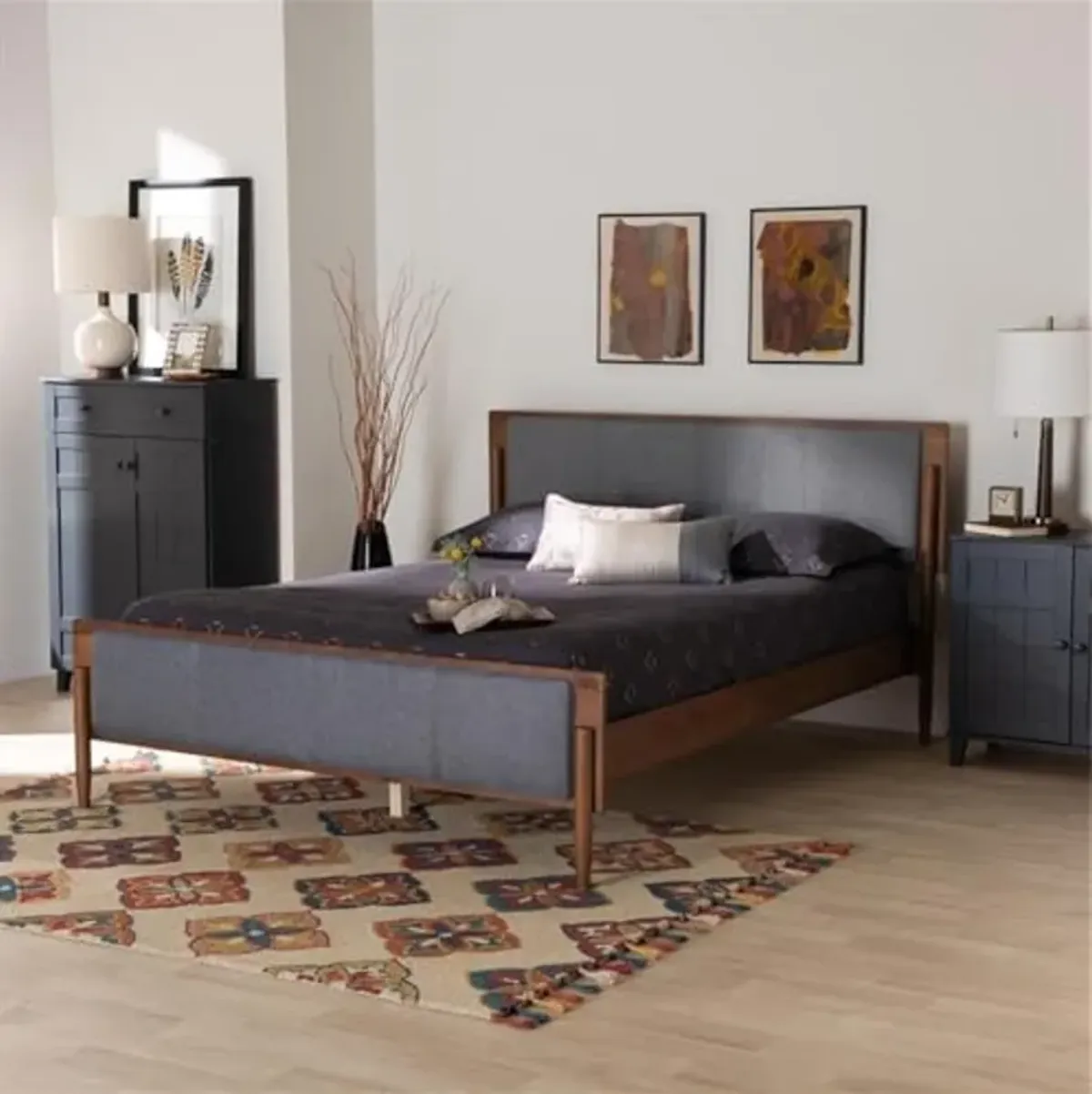 Baxton Studio Powers Mid-Century Modern Grey Fabric and Ash Walnut Finished Wood Queen Size Platform Bed