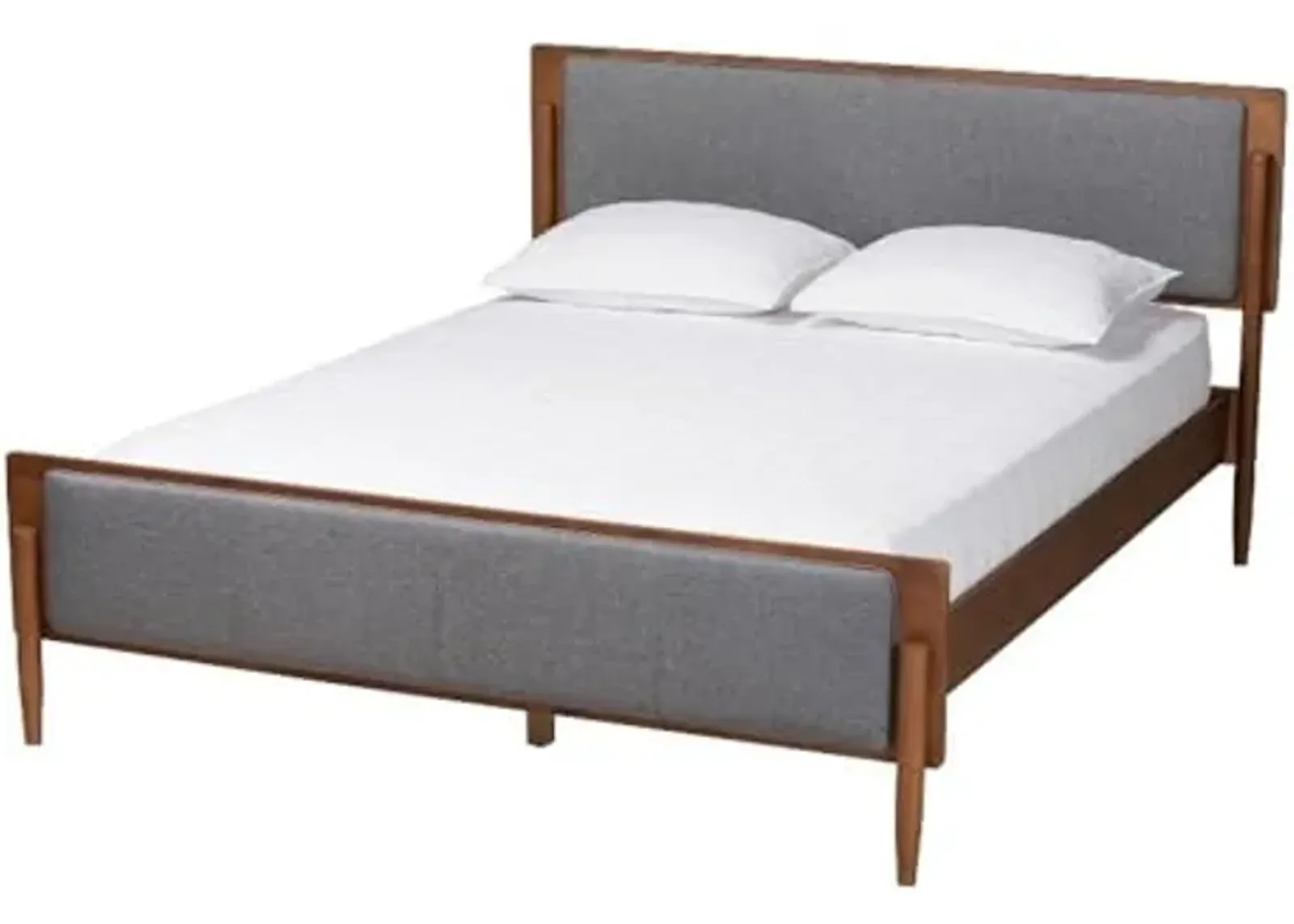 Baxton Studio Powers Mid-Century Modern Grey Fabric and Ash Walnut Finished Wood Queen Size Platform Bed