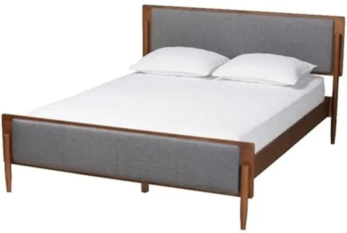 Baxton Studio Powers Mid-Century Modern Grey Fabric and Ash Walnut Finished Wood Queen Size Platform Bed