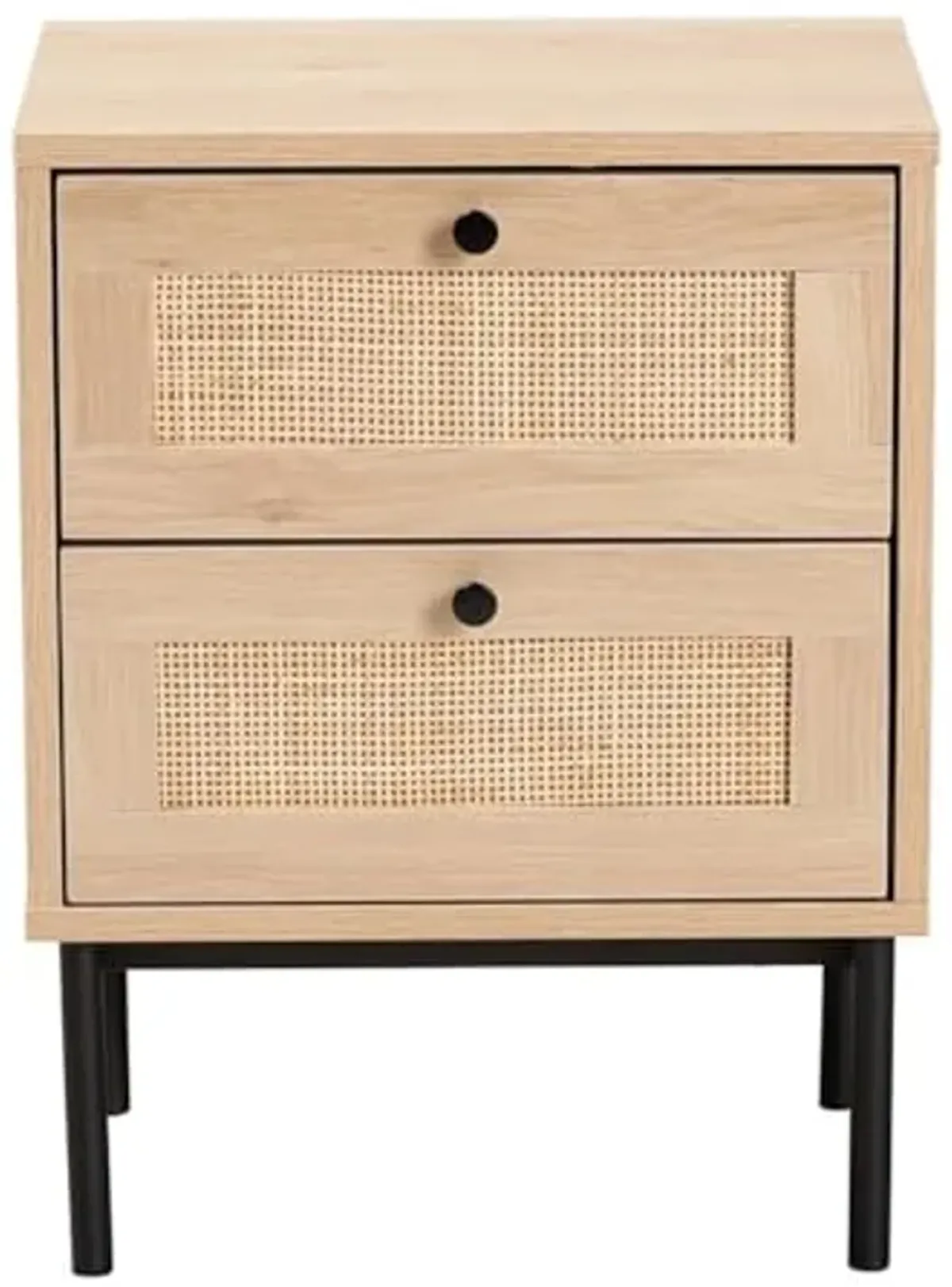 Baxton Studio Sherwin Mid-Century Modern Light Brown and Black 2-Drawer End Table with Woven Rattan Accent