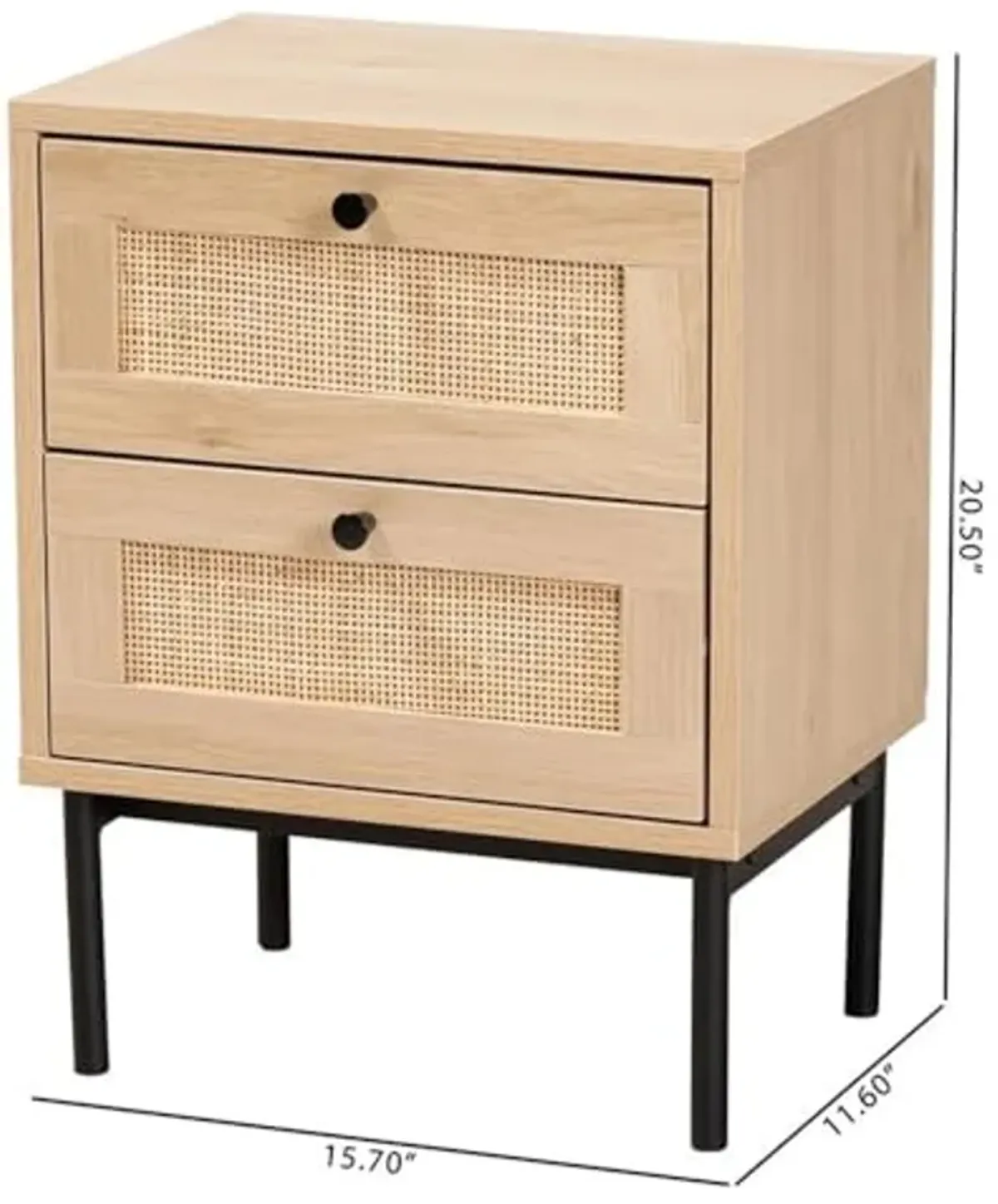 Baxton Studio Sherwin Mid-Century Modern Light Brown and Black 2-Drawer End Table with Woven Rattan Accent