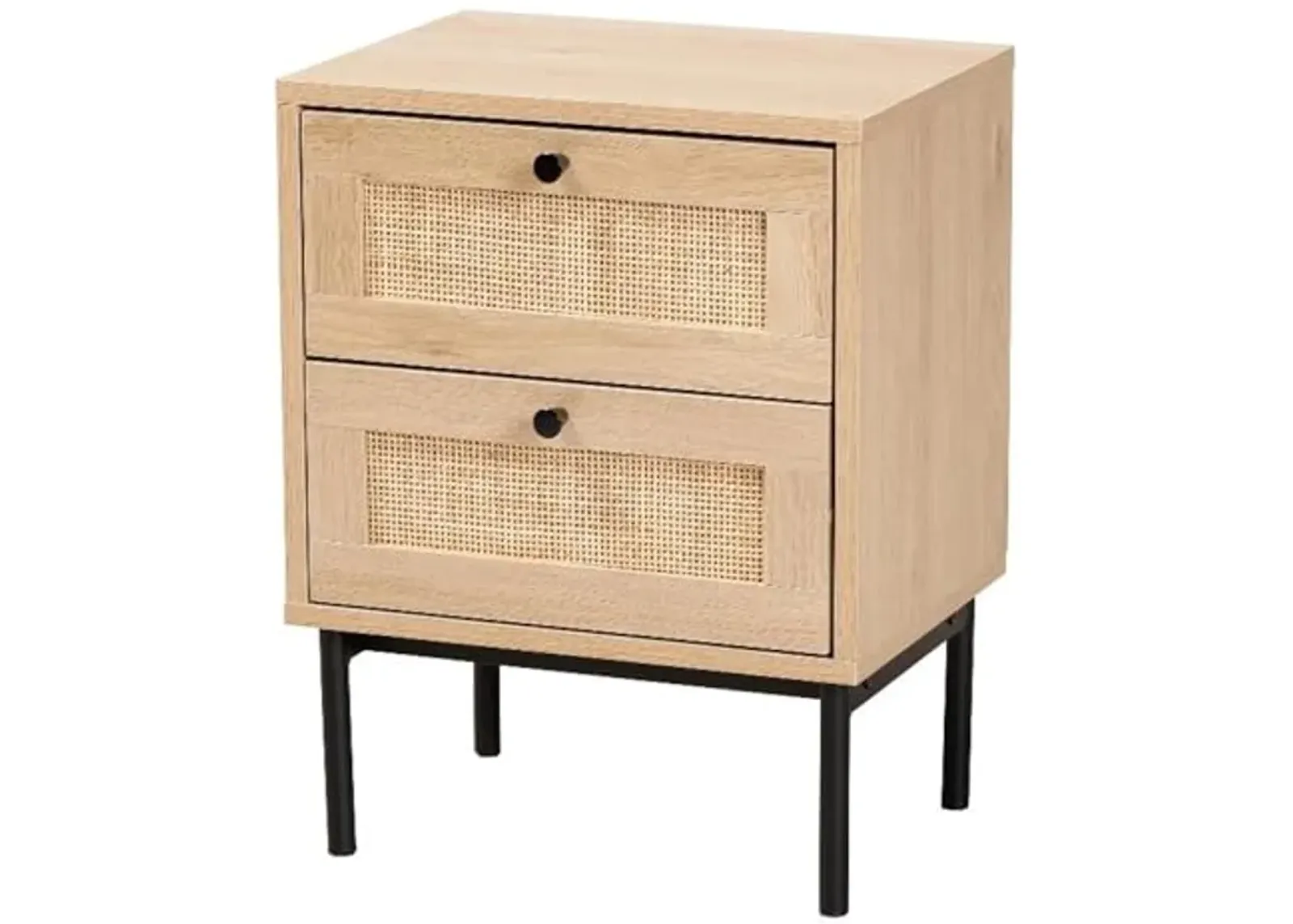 Baxton Studio Sherwin Mid-Century Modern Light Brown and Black 2-Drawer End Table with Woven Rattan Accent