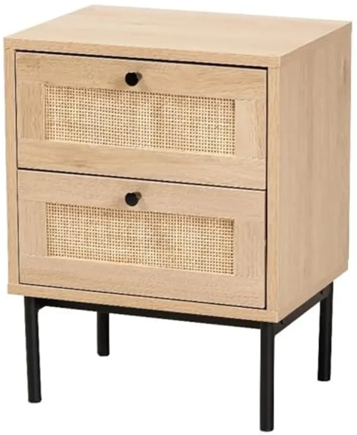 Baxton Studio Sherwin Mid-Century Modern Light Brown and Black 2-Drawer End Table with Woven Rattan Accent