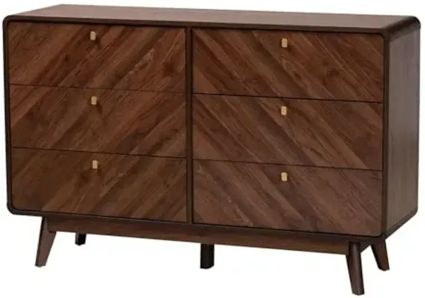Baxton Studio Markell Dresser, 6-Drawer, Walnut Brown/Gold