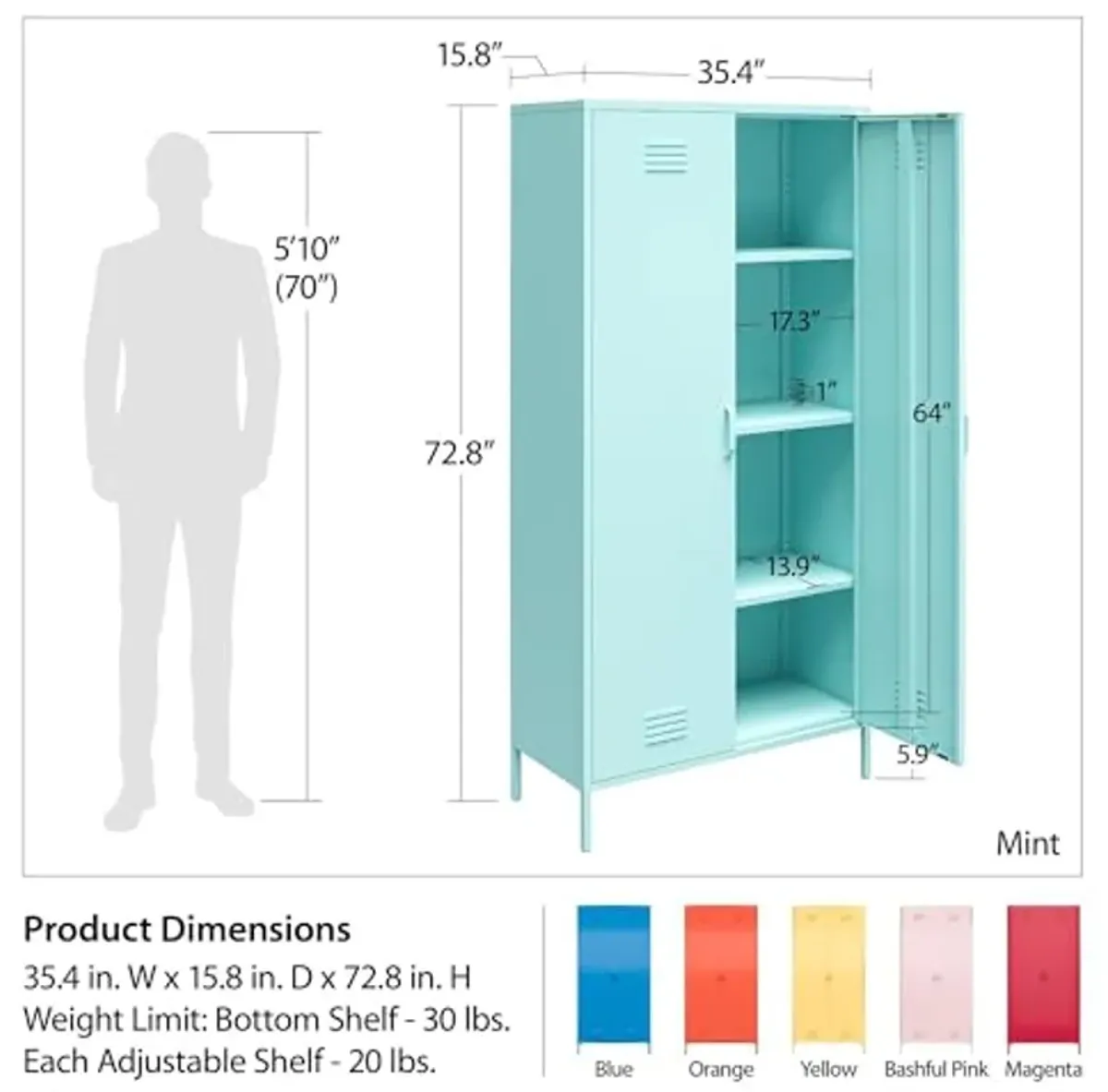 Novogratz Cache 2 Door Tall Metal Locker Style Storage Cabinet, Magenta