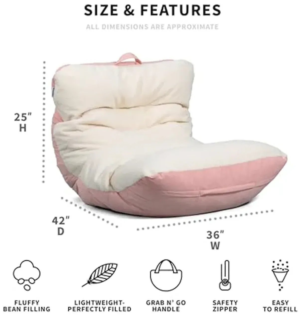 Big Joe Roma Bean Bag Chair, Oat Sherpa and Desert Rose, Vegan Suede, 3 feet