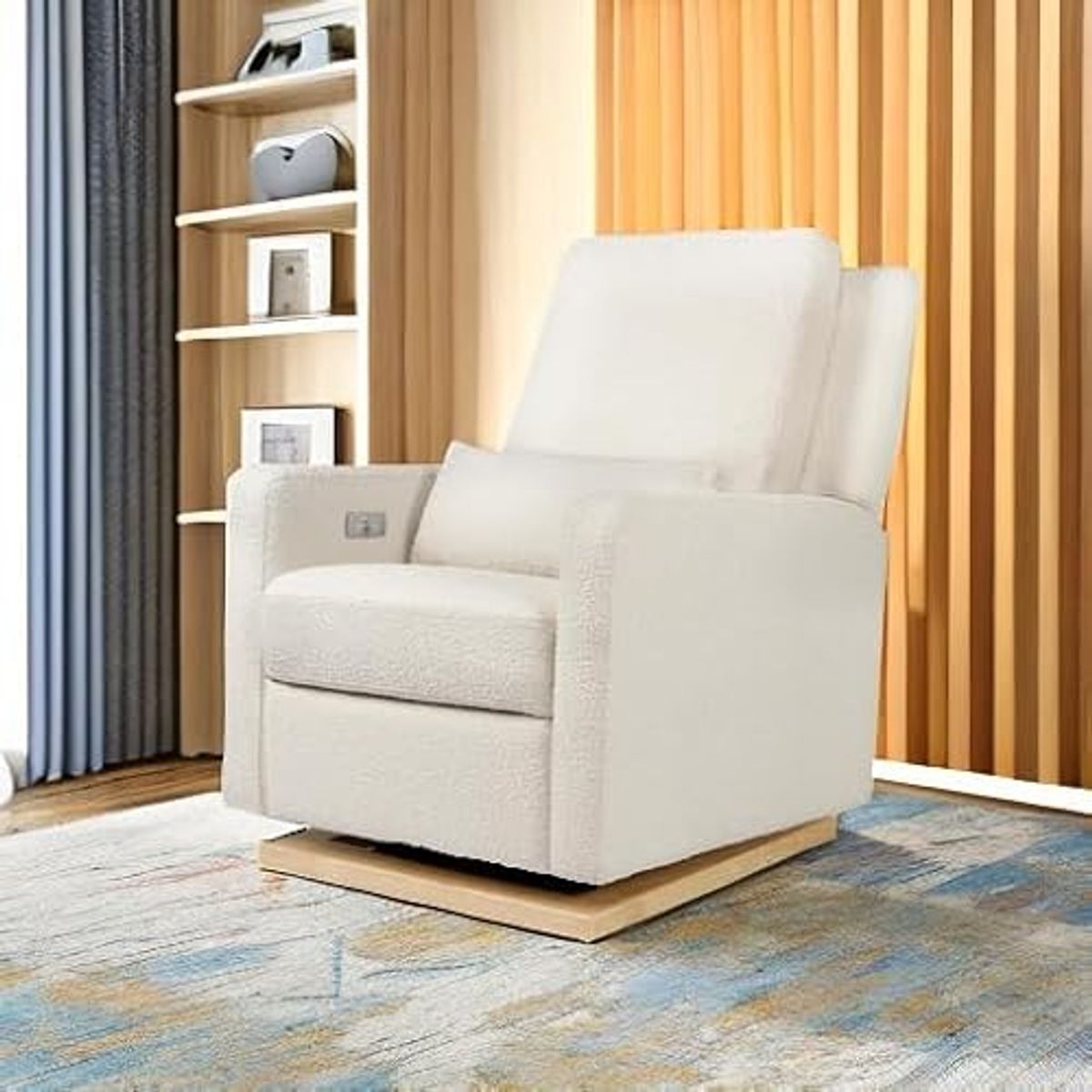 Babyletto Sigi Electronic Power Recliner and Glider with USB Port in Ivory Boucle with Light Wood Base, Greenguard Gold and CertiPUR-US Certified