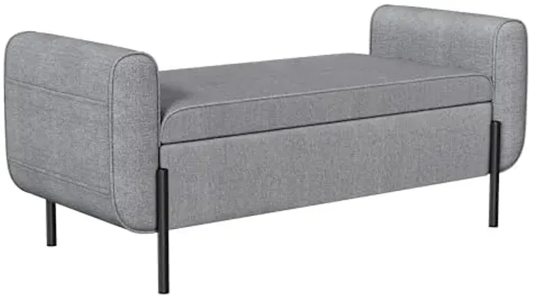 SONGMICS Storage Bench with Armrests, Ottoman for Living Room, Bedroom, Entryway, Steel Legs, Light Gray ULOM072G02