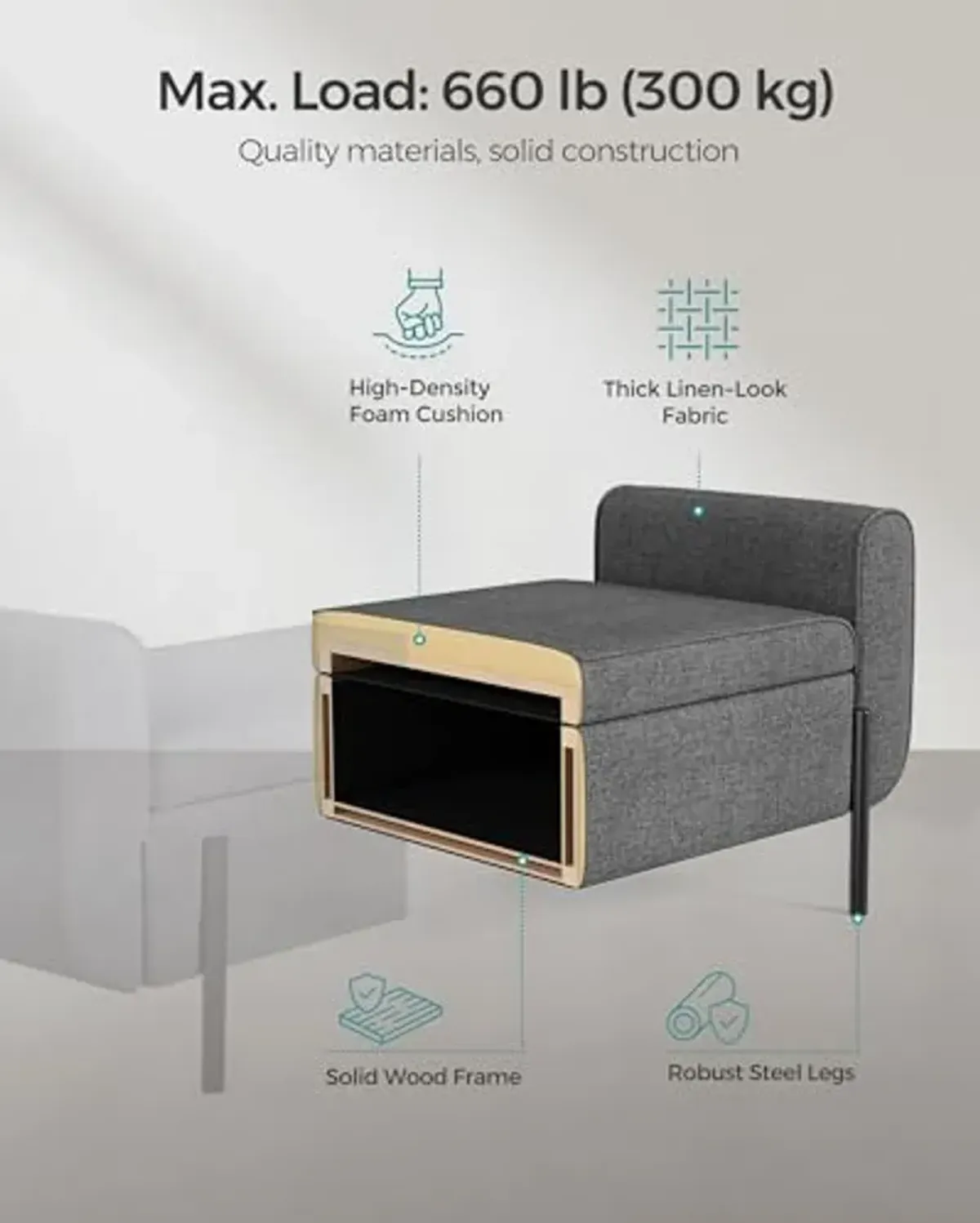 SONGMICS Storage Bench with Armrests, Ottoman with Storage for Living Room, Storage Ottoman Bench for Bedroom, Entryway, Living Room, Steel Legs, Dark Gray ULOM072G01