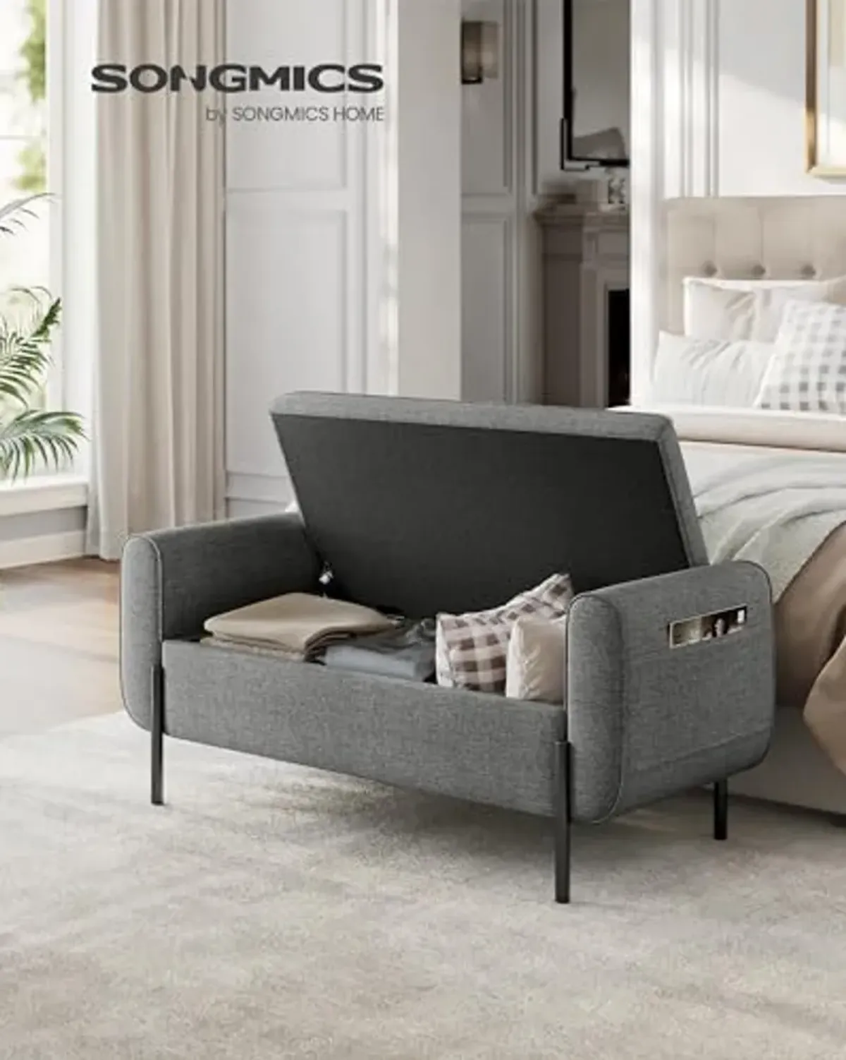 SONGMICS Storage Bench with Armrests, Ottoman with Storage for Living Room, Storage Ottoman Bench for Bedroom, Entryway, Living Room, Steel Legs, Dark Gray ULOM072G01