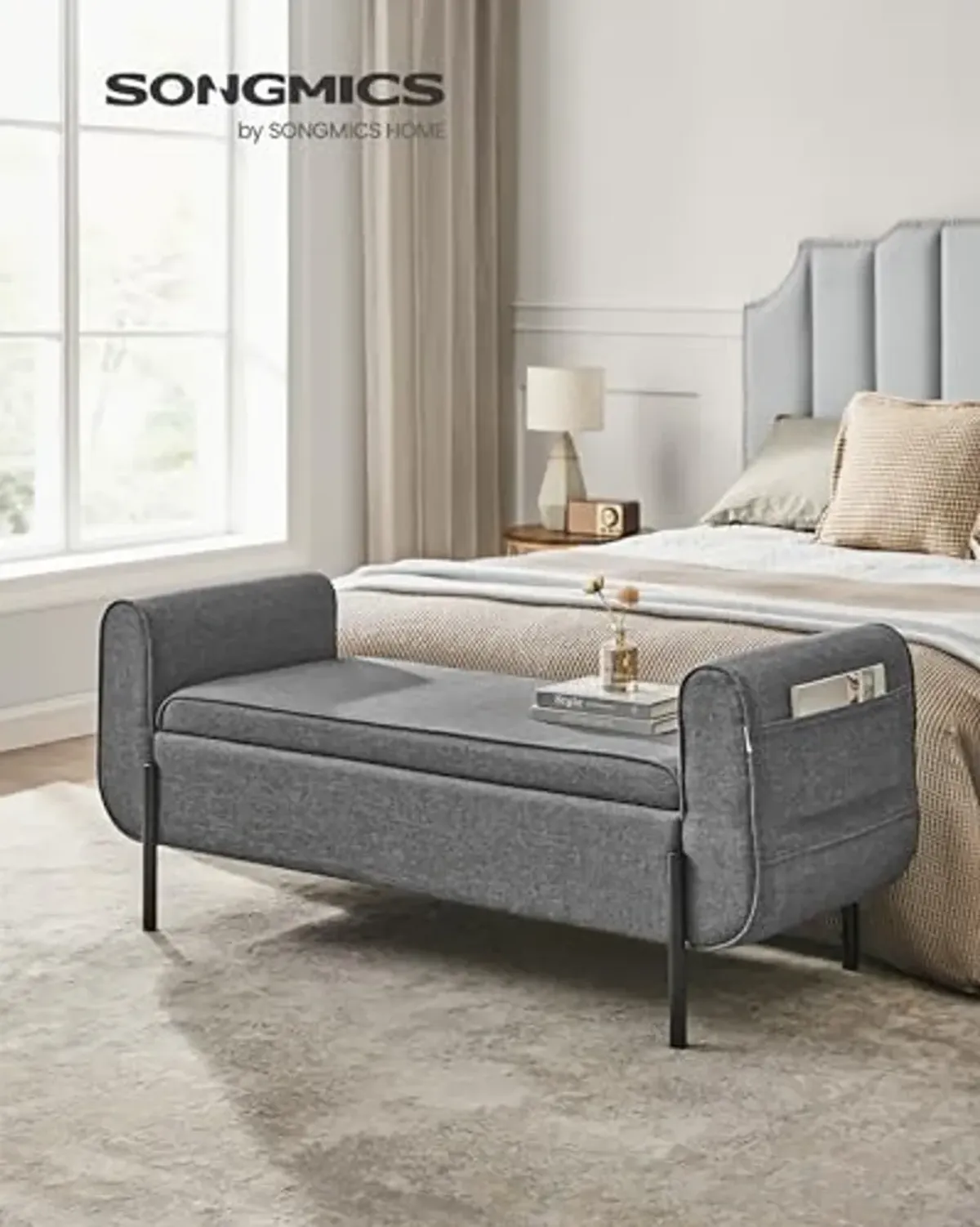 SONGMICS Storage Bench with Armrests, Ottoman with Storage for Living Room, Storage Ottoman Bench for Bedroom, Entryway, Living Room, Steel Legs, Dark Gray ULOM072G01